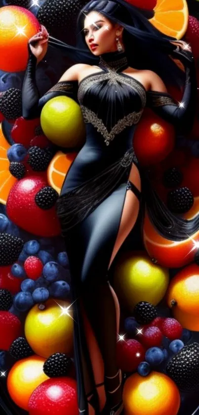 Elegant woman surrounded by colorful fruits in an artistic phone wallpaper.