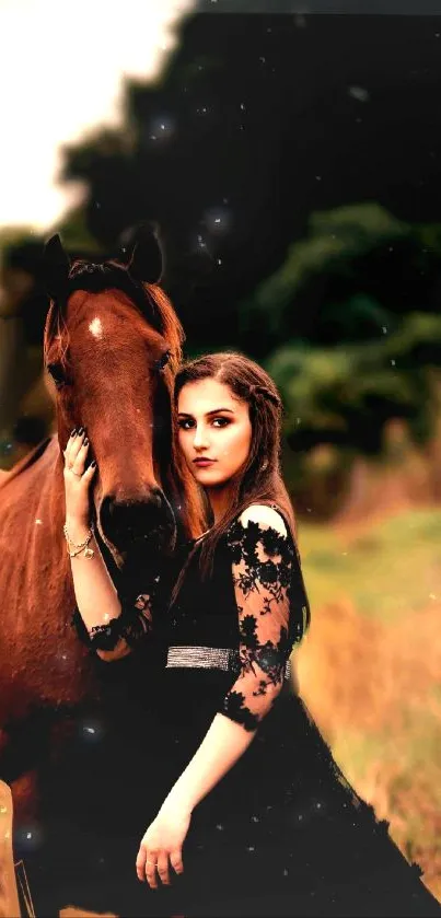 Elegant woman with horse in natural setting wallpaper.