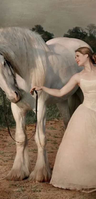 Elegant woman in gown with white horse in serene countryside.