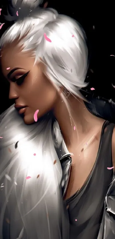 Elegant woman with white hair in digital art style.