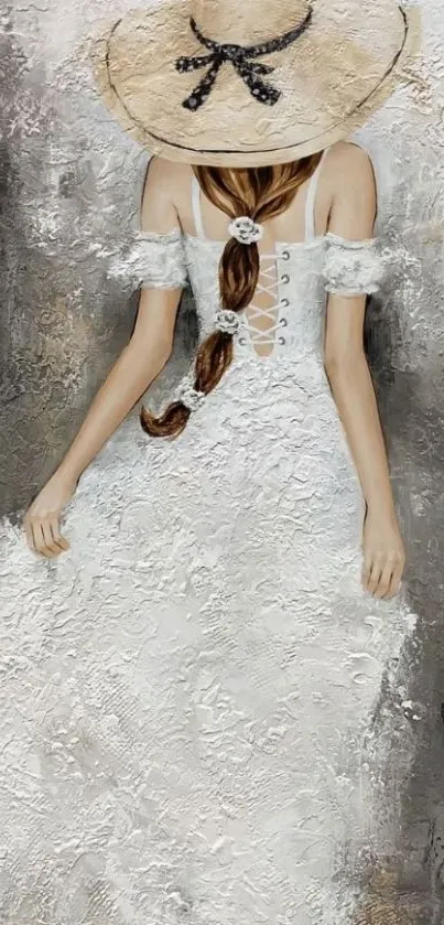 Elegant woman in white dress with hat painting.