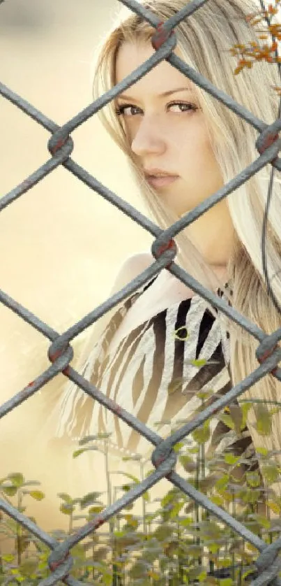 Stylish woman behind a fence in nature with a serene ambiance.