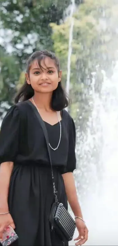 Elegant woman in black dress by a scenic fountain.
