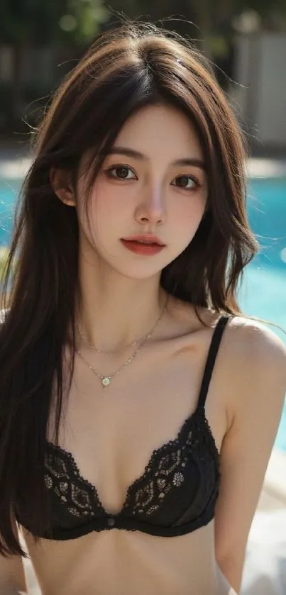 Elegant woman with long hair at a poolside, wearing a black outfit.