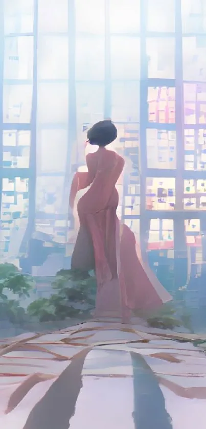 Silhouetted woman standing by a window with cityscape backdrop.