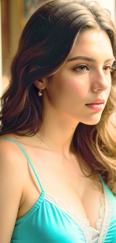 Elegant woman in turquoise top gazing out of a sunlit window.