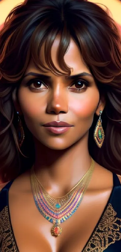 Elegant digital portrait of a stylish woman with jewelry and vibrant colors.