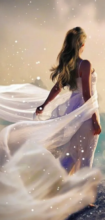 Elegant woman in white dress, dreamscape wallpaper.