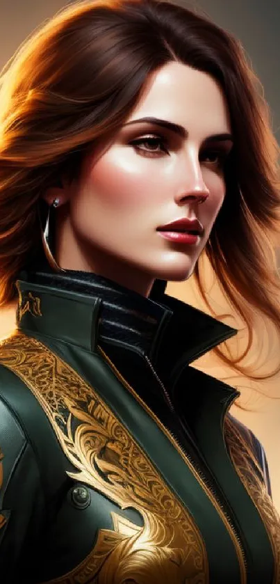 Digital artwork of a woman in elegant armor with a warm tone background.