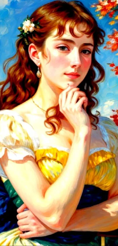 Elegant woman in autumn scenery painting, vibrant colors.