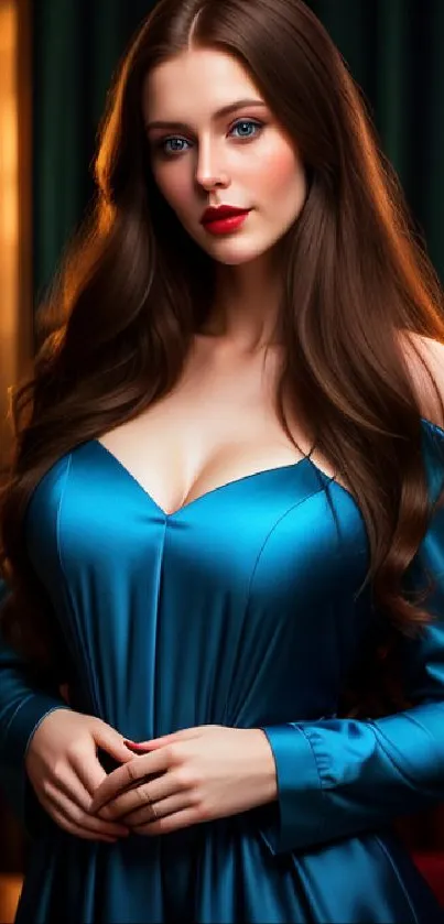 Elegant woman in a blue dress standing gracefully.