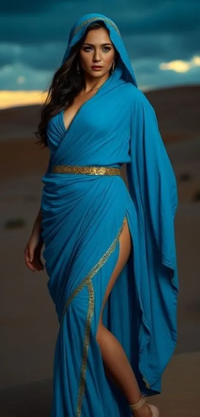 Woman in elegant blue gown in a desert
