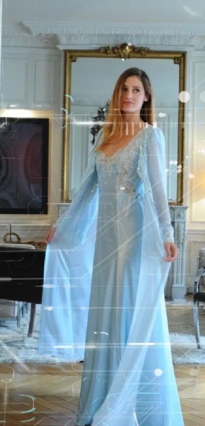 Woman wearing an elegant sky blue gown in a stylish room.