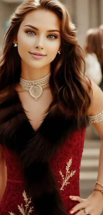 Elegant woman in a burgundy dress with jewelry.