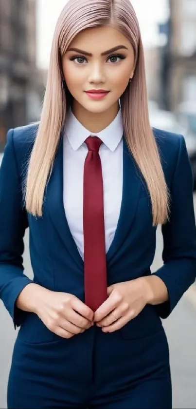 Woman in a navy business suit with a red tie, standing confidently in an urban setting.