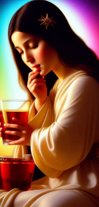 Elegant woman with drink, colorful glow background.