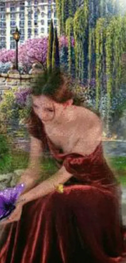 Woman in a burgundy gown amidst an enchanted garden with a butterfly.