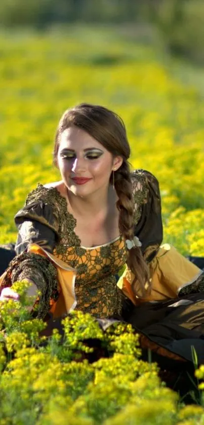 Woman in medieval dress in vibrant flower field.