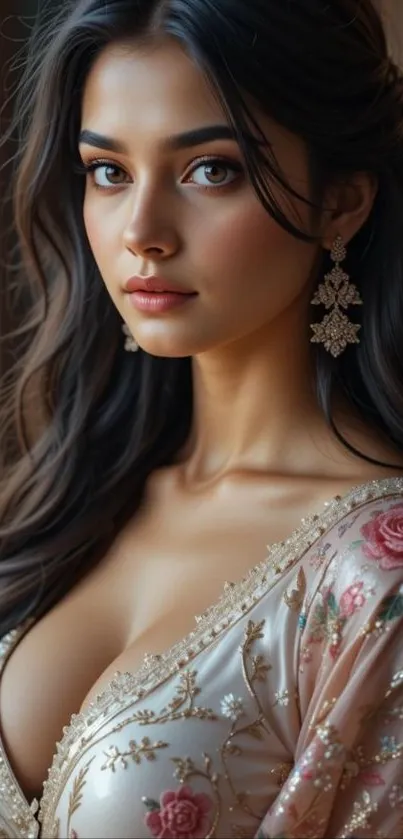 Elegant woman in floral dress, stylish portrait.