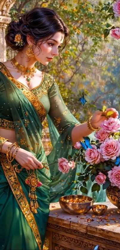 Woman in a green sari surrounded by flowers.