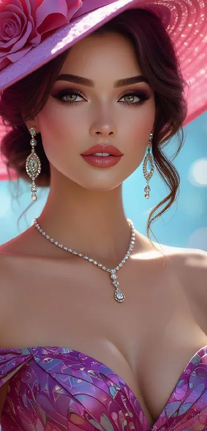 Elegant woman in pink floral hat with jewelry.
