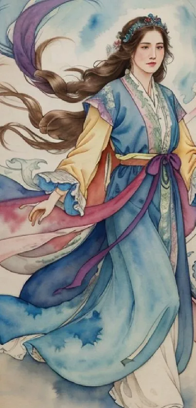 Artwork of a woman in a flowing robe with soft blue and pink hues.