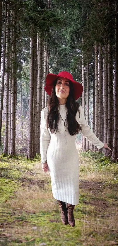 Elegant woman in red hat standing peacefully in a dense forest