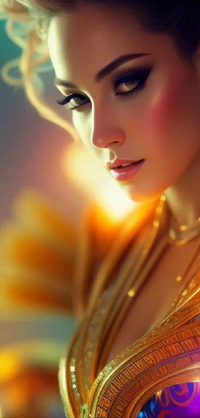 Wallpaper of an elegant woman in golden attire with vibrant colors.
