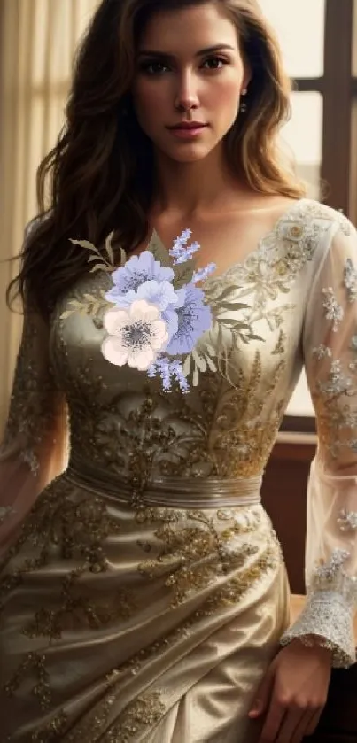 Woman in a lavish golden dress with floral embroidery.