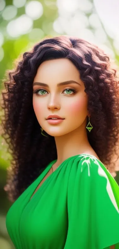 Elegant woman in green dress with curly hair against a lush green background.