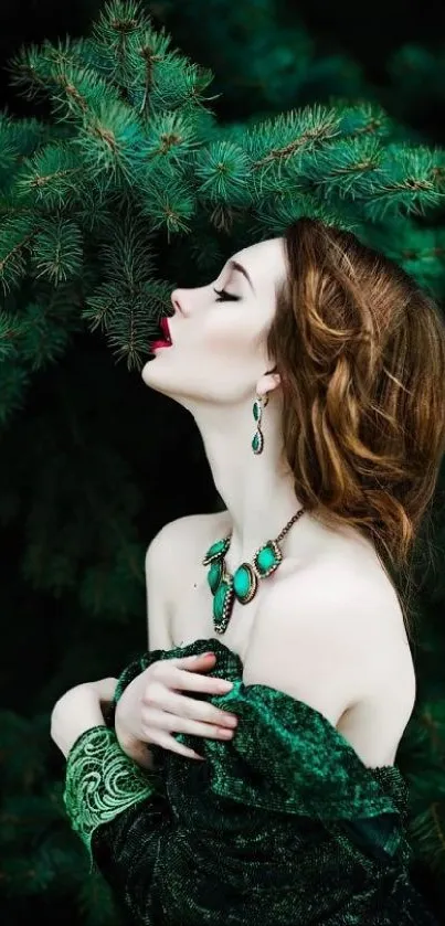 A woman in a dark green forest setting, wearing elegant jewelry.