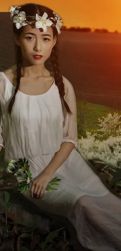 Elegant woman in white dress at sunset.