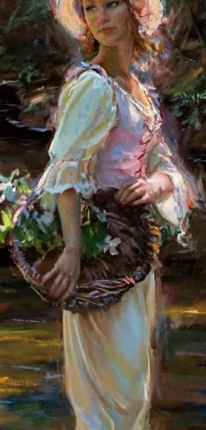 Elegant woman in an impressionist nature painting with a basket of flowers.