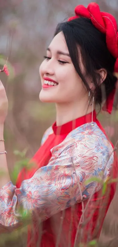 Elegant woman in red attire amidst nature.