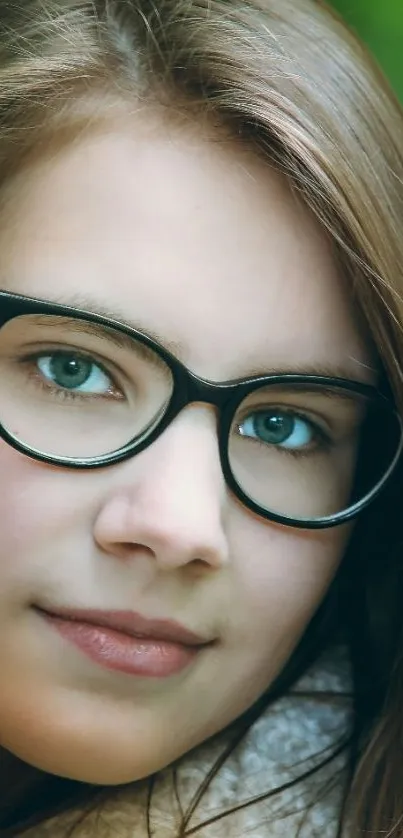 Portrait of a woman with glasses in a serene forest setting.