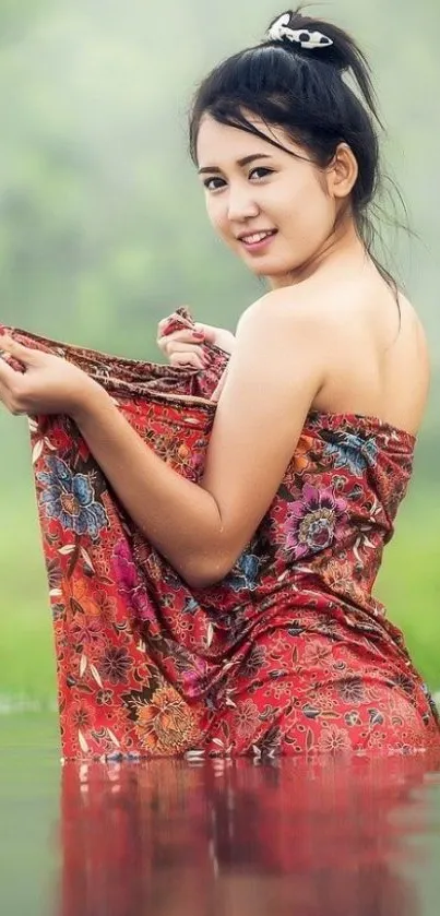 Elegant woman in red traditional dress standing in natural water setting.