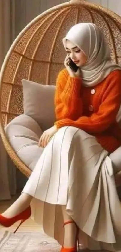 Elegant woman in orange sweater sitting in a wicker chair, exuding style.