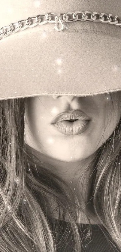 A stylish woman wearing a large hat in a sepia-toned portrait.