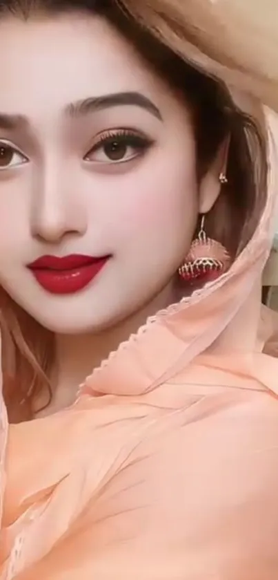 Elegant lady in peach attire with red lips and exquisite earrings.