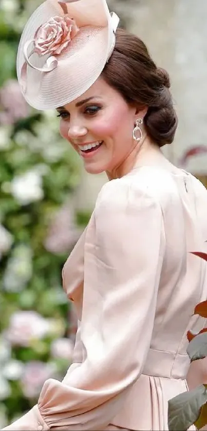 Elegant woman in peach outfit with floral hat.