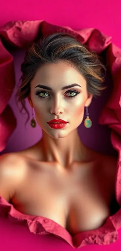 Portrait of an elegant woman against a vibrant pink background.