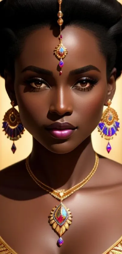 Elegant woman in purple and gold with intricate jewelry.