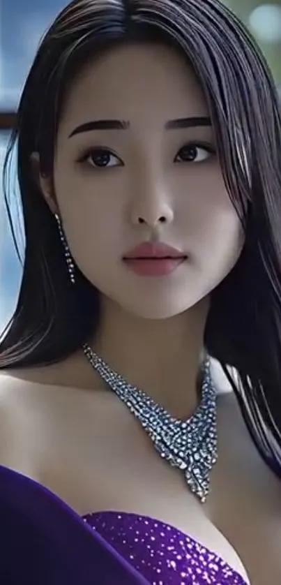 Portrait of an elegant woman in a purple dress with jewelry.