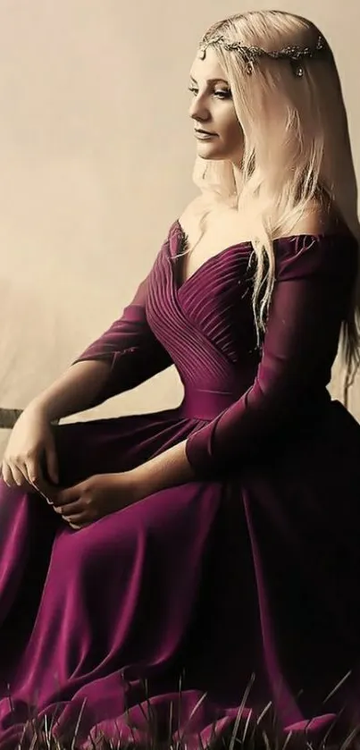 Elegant woman in a deep purple gown sitting outdoors, exuding grace and sophistication.