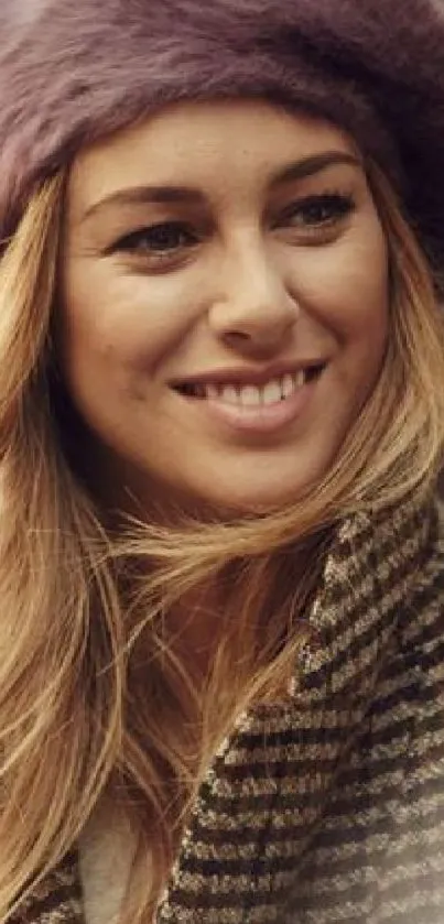 Smiling woman wearing a purple hat and striped coat.