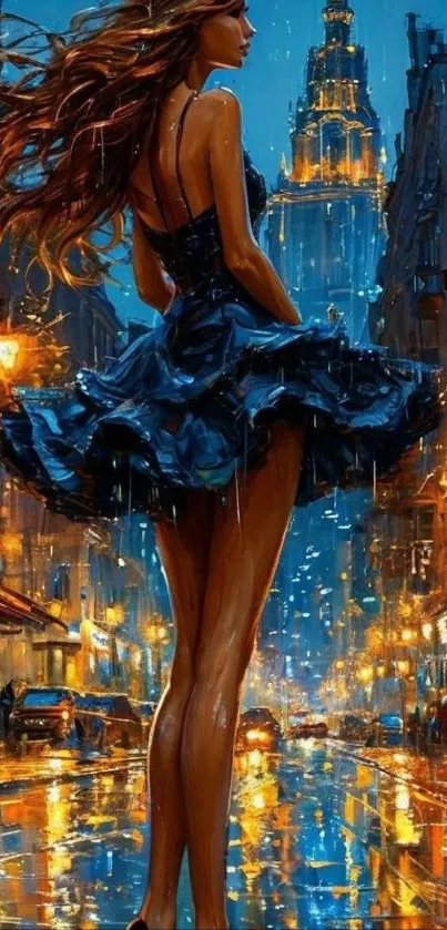 Elegant woman in dress walking through rainy city street at night.