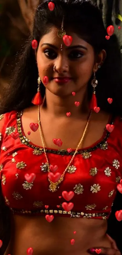 Woman in red traditional attire with a natural backdrop.