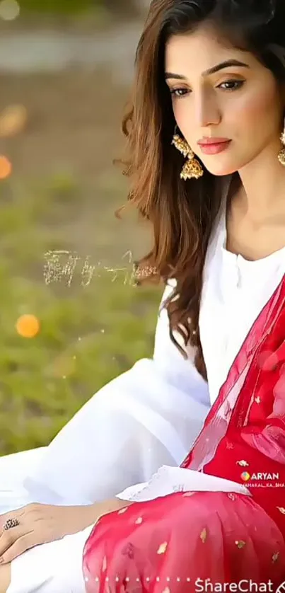 Woman in red traditional attire sitting gracefully outdoors.