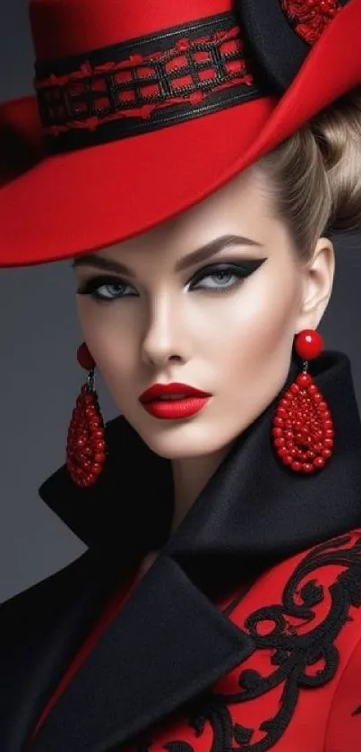 Elegant woman in stylish red attire with matching hat and earrings.