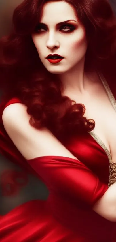 Elegant woman in a stunning red dress with vintage, glamorous style.